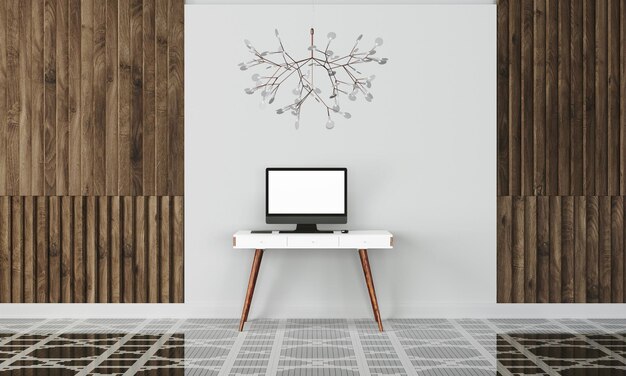 Photo modern desk in clean and bright studio mockup with designer wall