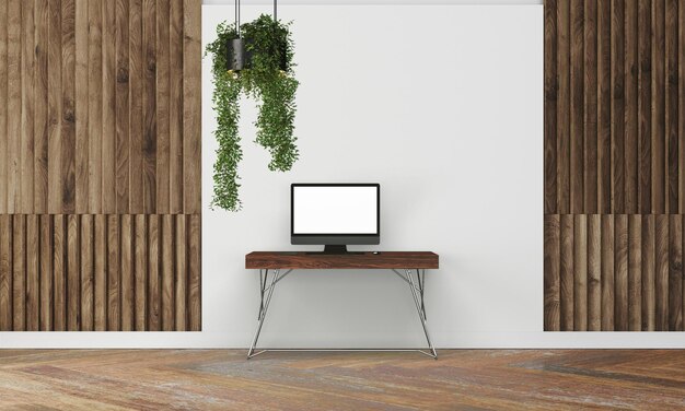 Modern desk in clean and bright studio mockup with designer wall