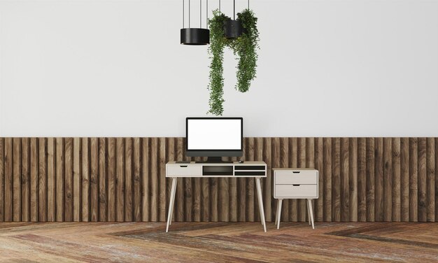 Photo modern desk in clean and bright studio mockup with designer wall