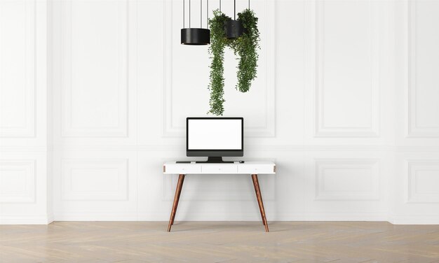 Modern desk in clean and bright studio mockup with designer wall