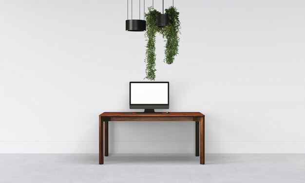 Photo modern desk in clean and bright studio mockup with designer wall