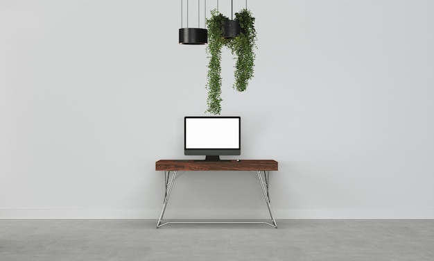 Modern desk in clean and bright studio mockup with designer wall