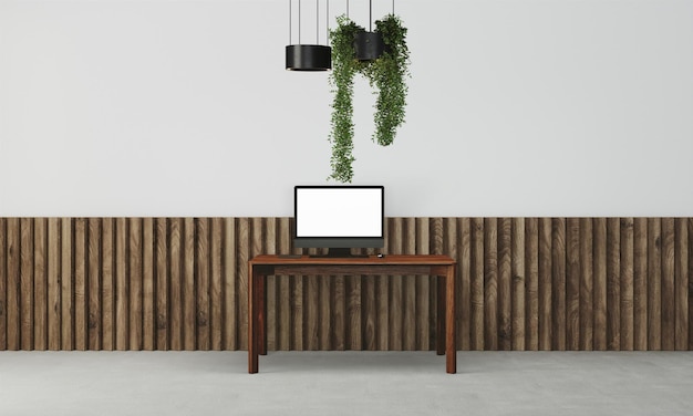 Modern desk in clean and bright studio mockup with designer wall