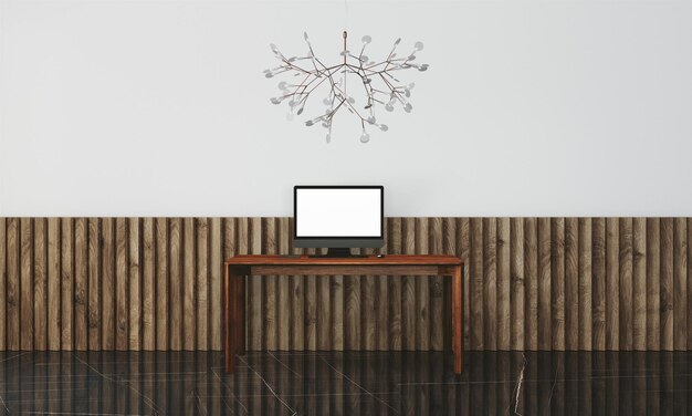 Modern desk in clean and bright studio mockup with designer wall