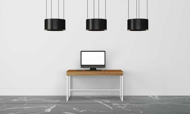 Photo modern desk in clean and bright studio mockup with designer wall