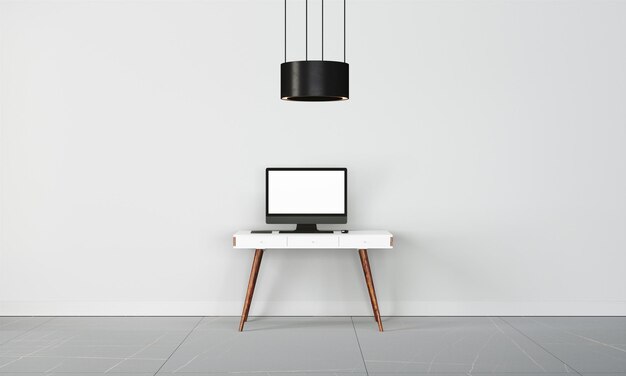 Modern desk in clean and bright studio mockup with designer wall