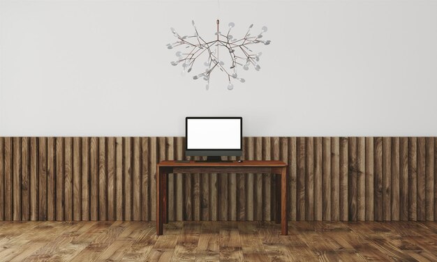 Photo modern desk in clean and bright studio mockup with designer wall