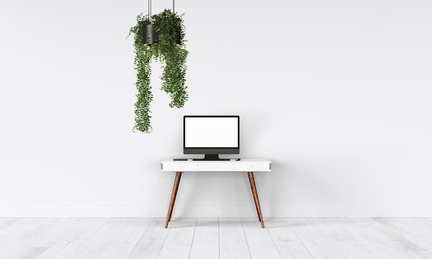 Modern desk in clean and bright studio mockup with designer wall