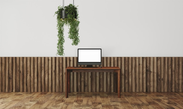 Modern desk in clean and bright studio mockup with designer wall