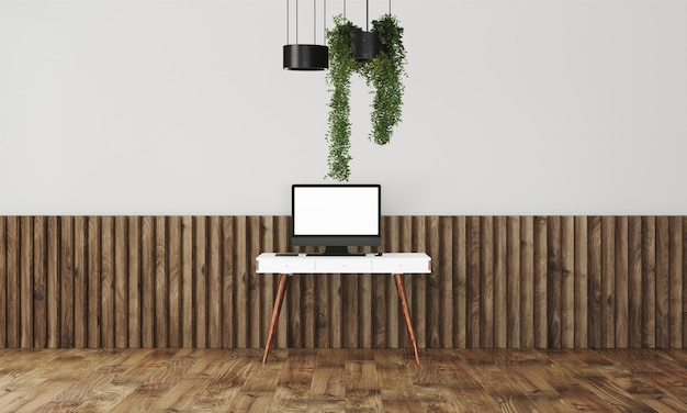 Современный стол в чистом и ярком студийном макете с дизайнерской стеной