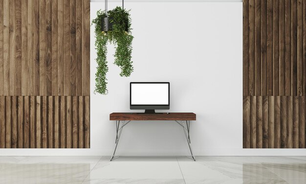 Photo modern desk in clean and bright studio mockup with designer wall