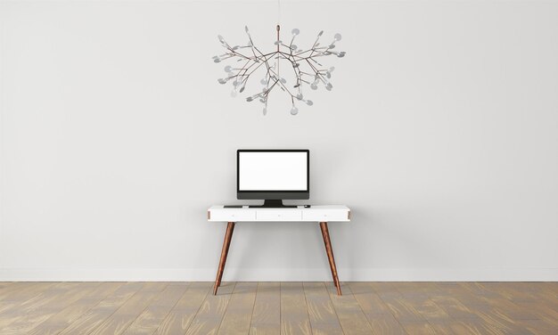 Modern desk in clean and bright studio mockup with designer wall