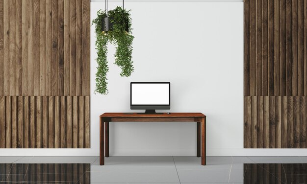 Photo modern desk in clean and bright studio mockup with designer wall