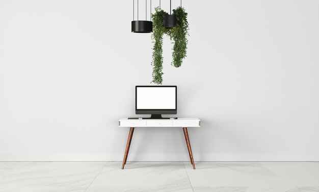 Modern desk in clean and bright studio mockup with designer wall