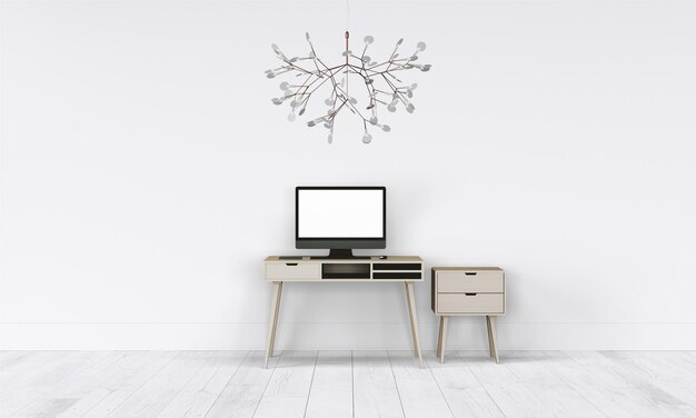 Modern desk in clean and bright studio mockup with designer wall