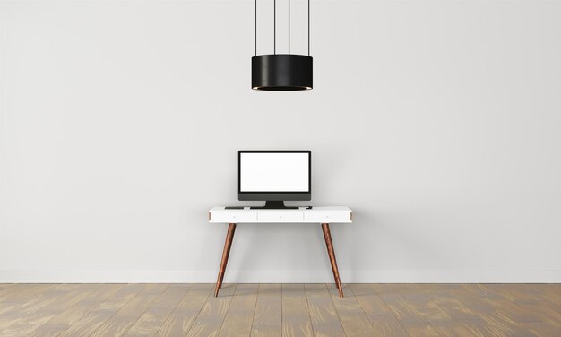 Modern desk in clean and bright studio mockup with designer wall