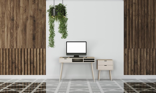 Modern desk in clean and bright studio mockup with designer wall