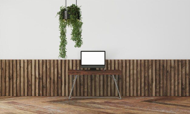 Photo modern desk in clean and bright studio mockup with designer wall