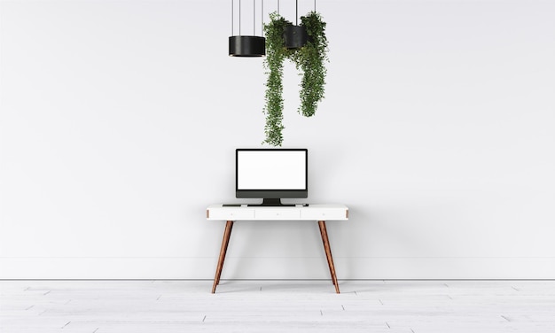 Photo modern desk in clean and bright studio mockup with designer wall