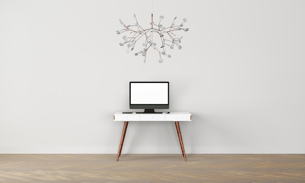 Photo modern desk in clean and bright studio mockup with designer wall