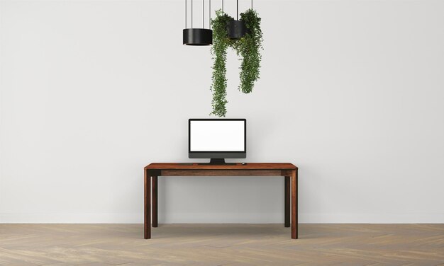 Modern desk in clean and bright studio mockup with designer wall