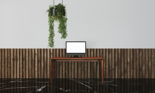 Modern desk in clean and bright studio mockup with designer wall