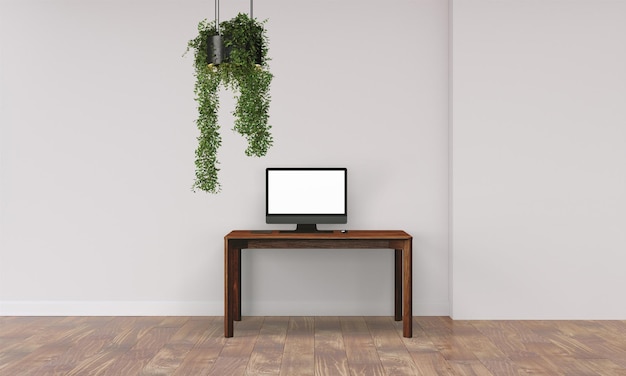 Современный стол в чистом и ярком студийном макете с дизайнерской стеной