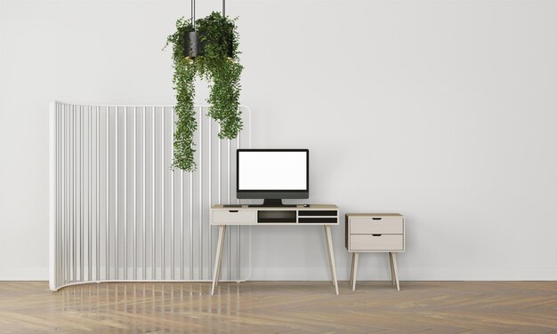 Photo modern desk in clean and bright studio mockup with designer wall