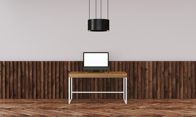 Photo modern desk in clean and bright studio mockup with designer wall