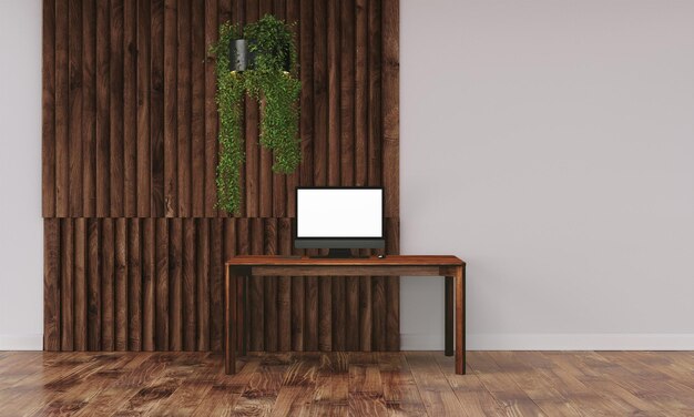Фото Современный стол в чистом и ярком студийном макете с дизайнерской стеной
