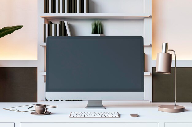 modern desk setup with desktop computer and office supplies 3d rendering