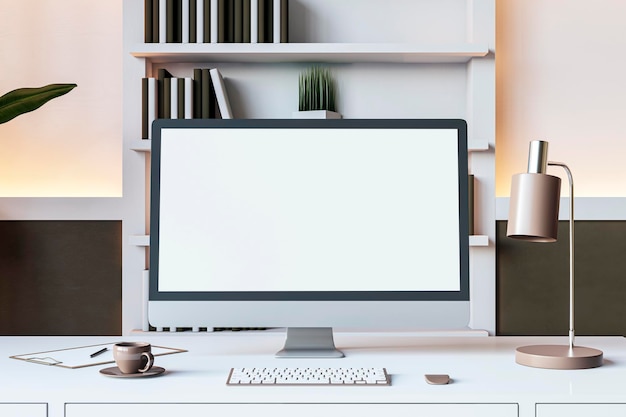 modern desk with desktop computer and lamp in cozy home office 3d rendering