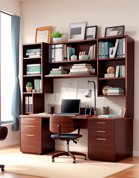 Modern desk with laptop with office with furnitur