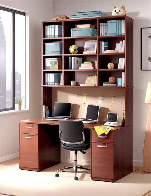 Modern desk with laptop with office with furnitur