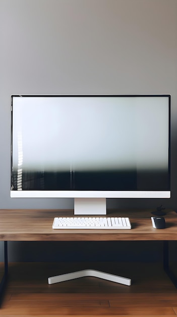 写真 木製のテーブルの上に空の画面のコンピュータを搭載した近代的なデスクトップ3dレンダリング