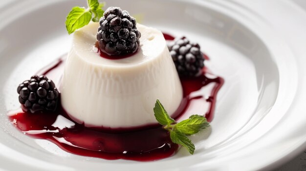 Foto pudding di crema caramellata moderno panna cotta con salsa di mirtillo generative ai