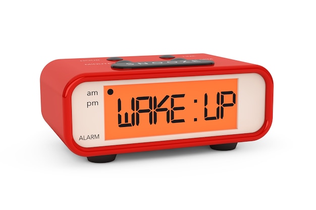 Modern Digital Alarm Clock with Wake Up Sign on a white background
