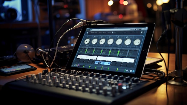 Foto moderna stazione di lavoro audio digitale con console di mixaggio in uno studio musicale sullo sfondo bokeh