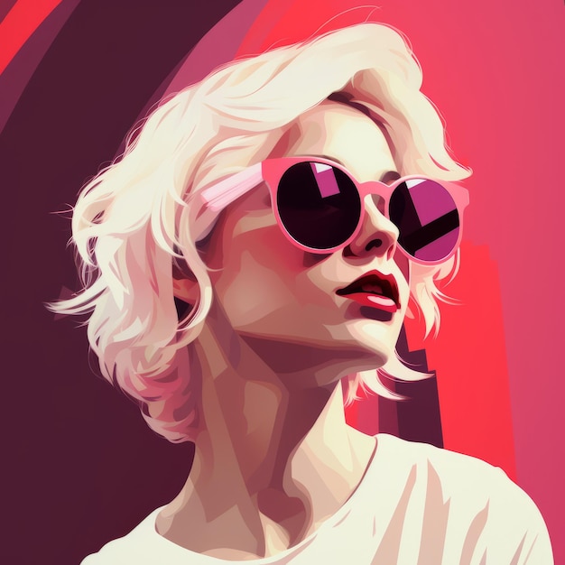 Modern Digital Painting A Girl With Pink Glasses In Dark White And Red