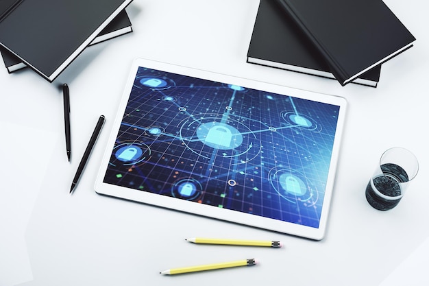 Modern digital tablet display with creative light lock illustration and microcircuit cyber security concept Top view 3D Rendering