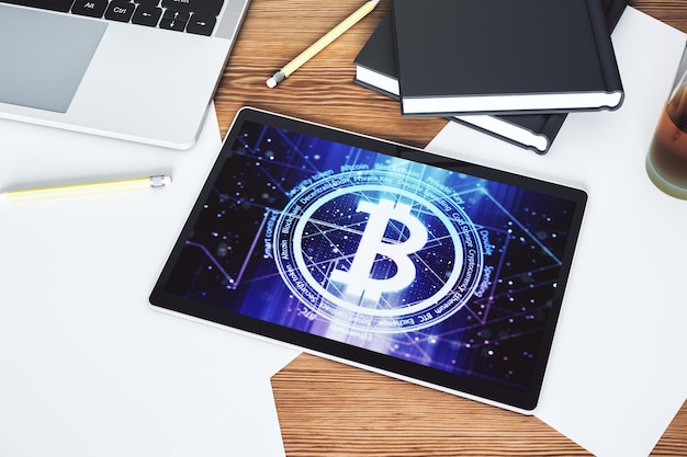 Modern digital tablet monitor with creative Bitcoin symbol Cryptocurrency concept Top view 3D Rendering