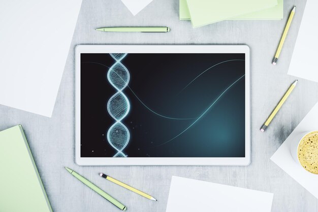 Modern digital tablet monitor with creative dna hologram bio\
engineering and dna research concept top view 3d rendering