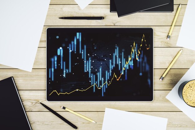 Modern digital tablet screen with abstract financial diagram banking and accounting concept Top view 3D Rendering