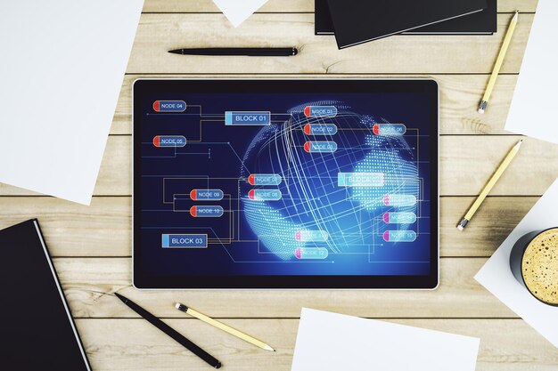 Modern digital tablet screen with abstract graphic coding sketch and world map big data and networking concept Top view 3D Rendering