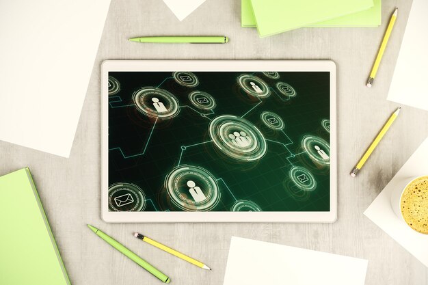 Modern digital tablet screen with social network icons concept Networking concept Top view 3D Rendering