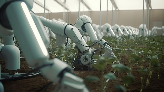 知能を備えた現代のデジタル技術ロボットが温室で作物トマトの世話をする