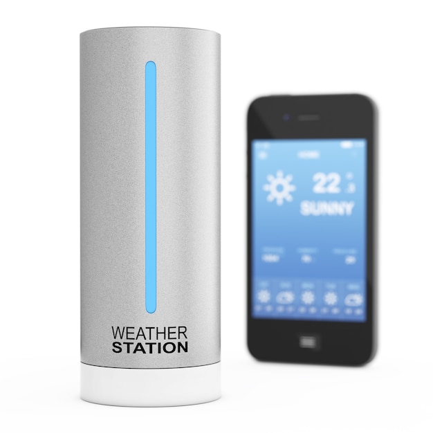 Современная цифровая беспроводная домашняя метеостанция с мобильным телефоном с погодой на экране на белом фоне. 3D-рендеринг.