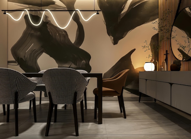 Photo modern dining area with stylish decor and abstract wall art in evening light