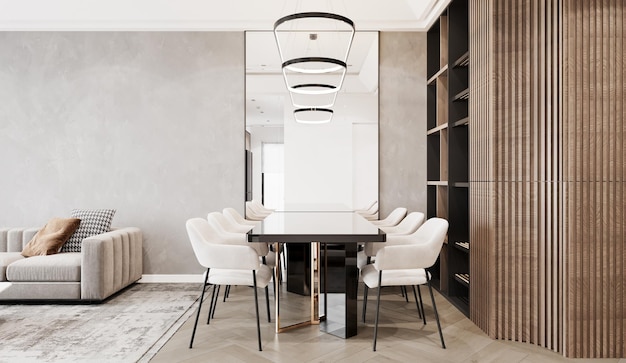 Modern dining interieur met eettafel en stoelen3d illustratie