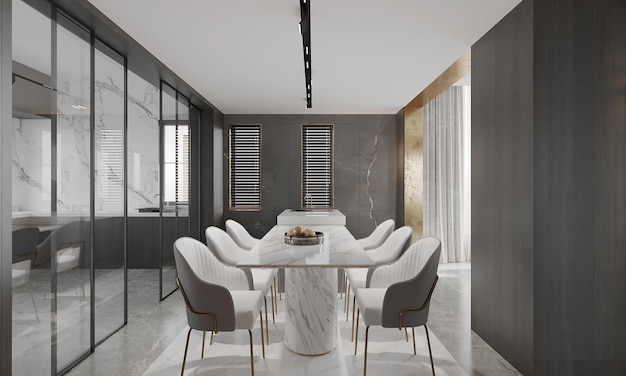 Modern Dining and kitchen interior with dining table and chairs.3D illustration